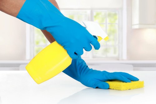 Cleaner preparing a safe workspace with cleaning supplies